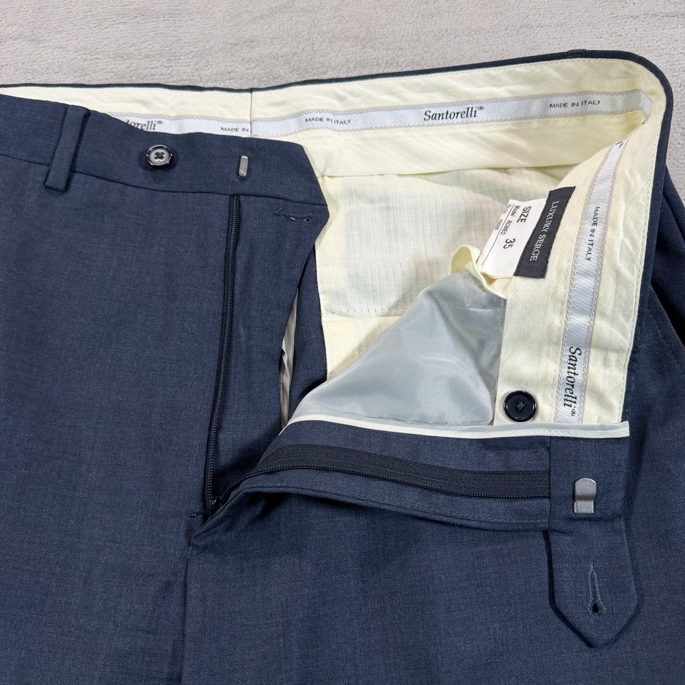 Santorelli Romeo Mens 35x34 Luxury Serge Blue Virgin Wool Flat Front Dress Pants - Picture 5 of 13